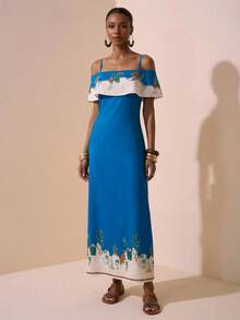 Swim Oasis 女士夏季波西米亚风度假印花荷叶边露肩罩衫连衣裙 - 彩色 - 查看 1