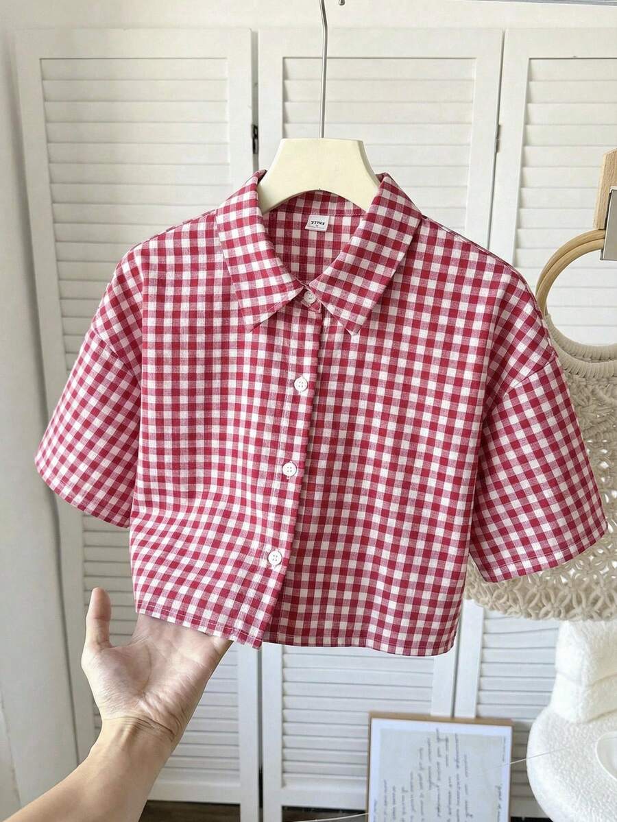 SHEIN 少女格子短款宽松休闲衬衫 - 紅色 - 查看 1