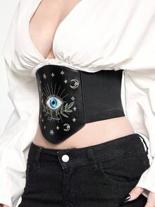 ROMWE Goth 一件式女士眼睛星星月亮叶子图案刺绣装饰深色系弹力皮腰束身连衣裙牛仔裤配饰日常百搭 - 黑色皮革眼睛樹葉腰封 - 查看 5