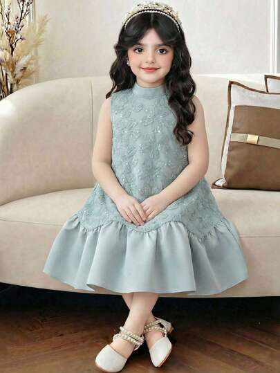 فستان أنيق بياقة عالية بدون أكمام قصير للفتيات الصغيرات