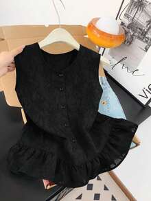 Plus Size Women Pearl Decor Single-Breasted Sleeveless Casual Shirt - Black - View 3