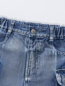 Tween Big Girls Light Blue Summer Casual Vacation Cargo Denim Shorts,High Waist Multi Pocket Loose Versatile Street Style Thin Hot Pants Jean Shorts - Light Wash - View 6