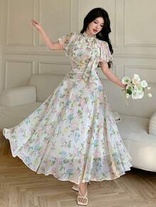 Modelyn 女士系带腰部褶皱雪纺印花喇叭连衣裙 - 彩色 - 查看 5