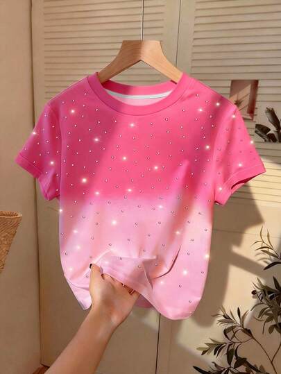 Resyla Camiseta de manga corta con cuello redondo casual con estampado digital de degradado de rhinestones de colores para mujeres, un gran regalo para amigos