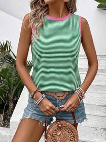 EMERY ROSE Women's Casual Round Neck Sleeveless Contrast Trim Striped Print Pattern Tank Top - Multicolor - View 6