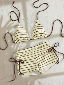Swim Mod 2pcs Women's Striped & Random Print Halter Backless Top + Side Tie Shorts Elegant Sexy Fashion Beach Vacation Bikini Swimwear Set, Spring/Summer - Light Yellow - View 3