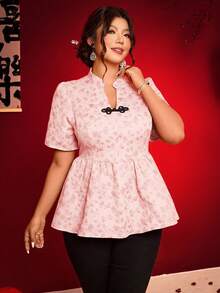 Elenzga 大码女式V领褶皱休闲百搭日常短袖衬衫 - 粉色 - 查看 7