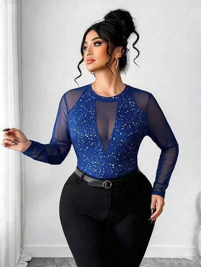 Elenzga Blusa de manga larga transparente con parches de malla, escote redondo, sexy, adecuada para citas y fiestas, tallas grandes para mujeres