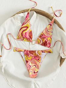 Bonvoyette Women's Beach Music Festival Spring/Summer Pattern Printed Metal Jewelry Halter Thong Bikini Set - Multicolor - View 6