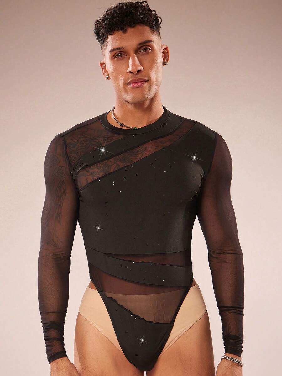 FeverCity Mono de manga larga con cuello redondo de unicolor y parches de malla para hombres - Negro - Ver 1
