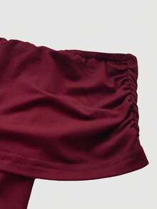 SHEIN PETITE 小码系列女士优雅露肩晚礼服 - 酒紅色 - 查看 4