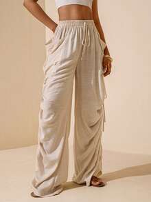 Vesra 女士纯色抽绳腰带口袋褶皱休闲百搭日常裤 - 杏色 - 查看 6