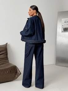 SHEIN Denim Woman Two Pieces Set High Waist Denim Jean And Denim Belted Jacket - Dark Wash - View 2