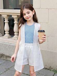 3件套少女夏季休闲套装：蓝色吊带背心、白色直筒短裤、无袖镂空针织长外套（含腰带），简约时尚 - 彩色 - 查看 3