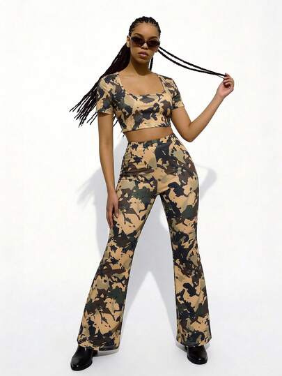 Slouenne Slouenne Women's Sexy Camouflage 2 Pieces Set, Cropped Top And Flared Pants
