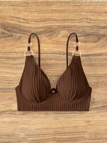 SHEIN Swim 2026春夏黑色无提拉可调节肩带支撑褶皱度假露脐女式上衣 - 棕色 - 查看 4