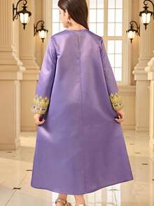 Tween Girl Casual V-Neck Extra Long Traditional Print Loose Robe - Purple - View 2