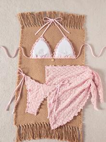 Swim Mod 泳装三件套，纯色花卉纹理面料，珍珠贝壳装饰荷叶边挂脖三角文胸，侧系带泳裤和迷你裙性感比基尼泳装套装，春夏沙滩裙套装，钩针编织泳衣，钩针编织两件套，钩针编织比基尼套装，三件套比基尼套装 - 淺粉色 - 查看 2