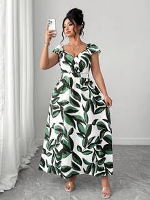 Elenzga Plus Size Women Summer Cap Sleeve Vacation Floral Print Dress - Multicolor - View 5