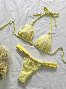 Swim Mod Women's Jacquard Fabric Halter Bikini Set, Spring/Summer - Yellow - View 3