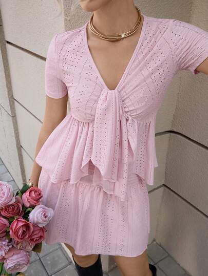 Opuloom Women's Fashion Deep V Twist Tie Ruffle Hem Short Sleeve Top Paired With High Waist Pleated Mini Skirt, Elegant Casual Vacation Date Party Commute 2-Piece Set