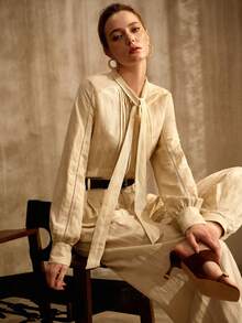 MOTF PREMIUM Áo sơ mi dài tay cổ ruy băng bằng vải lanh, kiểu dáng cổ điển, thanh lịch, thích hợp cho việc đi làm, mùa xuân/hè. - Màu be - Xem 8