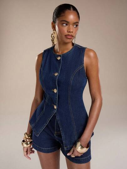 Normani Women's Casual Denim Vest And Shorts Set, Summer