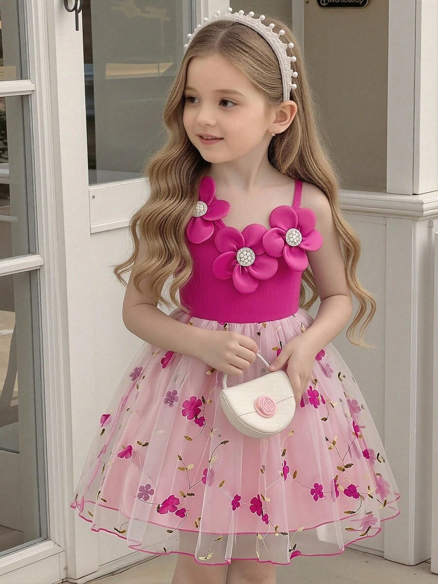Elladie kids Đầm công chúa dáng chữ A thanh lịch, ngọt ngào, dễ thương cho bé gái, kiểu dáng bất đối xứng vai, tay ngắn, họa tiết hoa, thắt eo, thích hợp cho các dịp lễ, tiệc tùng, kỳ nghỉ hè.