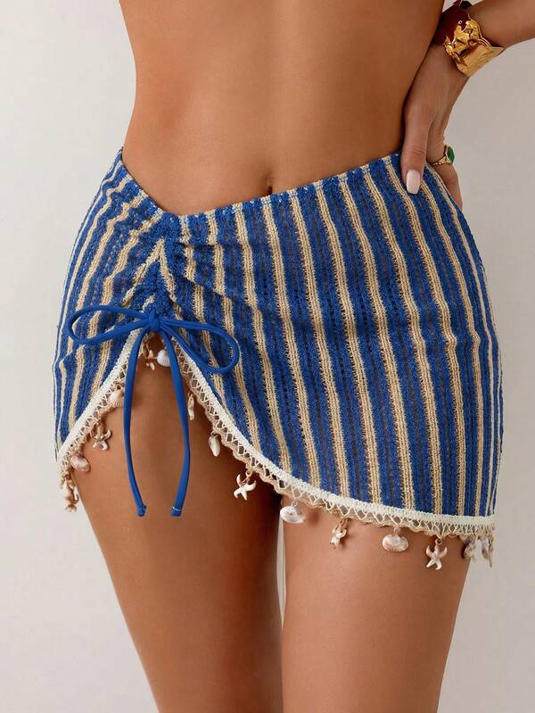 Swim Vcay חצאית חדשה לנשים 2026 עם מרקם כחול ולבן לחופשת חוף הים, בד מפוספס עם קשירה בצד וחבל, כיסוי ציצית וכוכבים