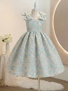 Girls' Woven Textured Jacquard Dress With Bow Waist Design, Elegant And Suitable For Various Occasions In Spring And Summer - Blue - View 3