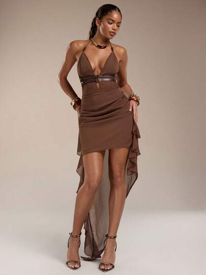 Normani Spring Summer Concert Outfits For Women Going Out Outfits Casual 2000s Y2k 90S Club Vintage Rave Outfits Festival Old Money Streetwear Easter St Patrick's Day Women Party Beach Wedding  Going Out Graduation Elegant Vacation Casual Festival Formal Irregular Hem Brown Chiffon Suspender Holiday Dress