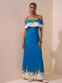 Swim Oasis 女士夏季波西米亚风度假印花荷叶边露肩罩衫连衣裙 - 彩色 - 查看 4