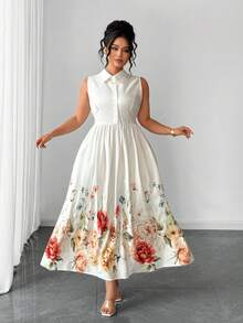 Elenzga Plus Size Women Elegant White Floral Print Ruffle Collar Party Dress,Summer Vacation Holiday Sundress,Garden Bachelorette Party Spring Dress - Multicolor - View 6