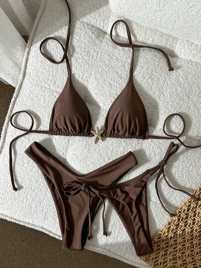 Swim Mod Women's Solid Color Halter Metal Accessories 3-Piece Bikini Set, Spring/Summer