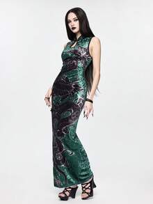 ROMWE Goth Đầm dài kiểu Trung Quốc mới, họa tiết rắn và bướm, chất liệu nhung, dành cho nữ. - Màu xanh lá cây đậm - Xem 4