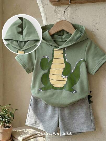 Cozy Pixies 2pcs Baby Boy Cartoon Dinosaur Pattern Knit Soft Hooded Short Sleeve Pullover Top And Elastic Waist Shorts Set Baby Boy Clothes Summer Infant 24 Month Boy Hooded Cover Up Baby Boy Dinosaur Clothes Cotton Clothes