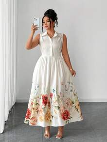 Elenzga Plus Size Women Elegant White Floral Print Ruffle Collar Party Dress,Summer Vacation Holiday Sundress,Garden Bachelorette Party Spring Dress - Multicolor - View 5