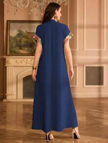 Al Najma Embroidered Collar Floral Raglan Sleeve Stand Collar Elegant Dress - Royal Blue - View 2