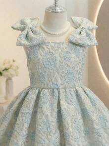 Girls' Woven Textured Jacquard Dress With Bow Waist Design, Elegant And Suitable For Various Occasions In Spring And Summer - Blue - View 5