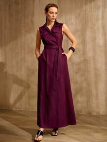 MOTF PREMIUM Đầm không tay 100% sợi ramie, có túi tiện dụng và thắt lưng, phong cách cổ điển sang trọng, mùa xuân hè. - Màu tím - Xem 7