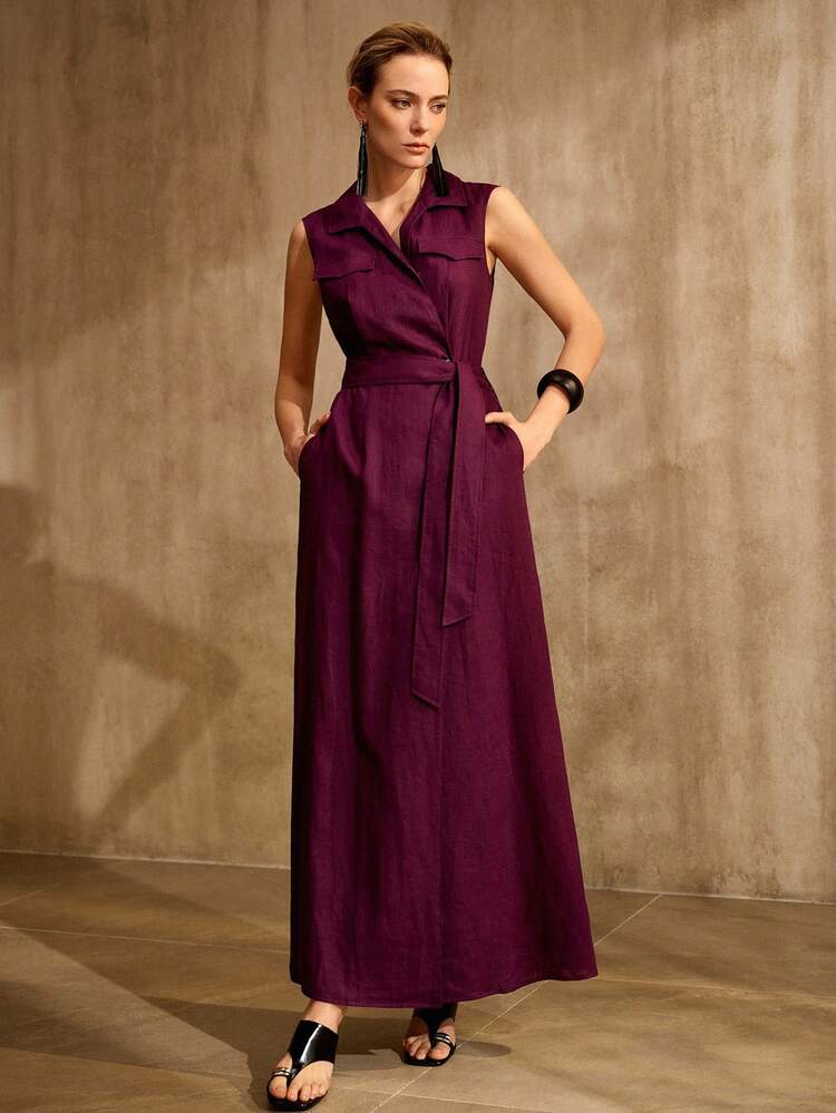 100% RAMIE SLEEVELESS UTILITY POCKET BELTED DRESS, OLD MONEY VINTAGE STYLE, LINEN