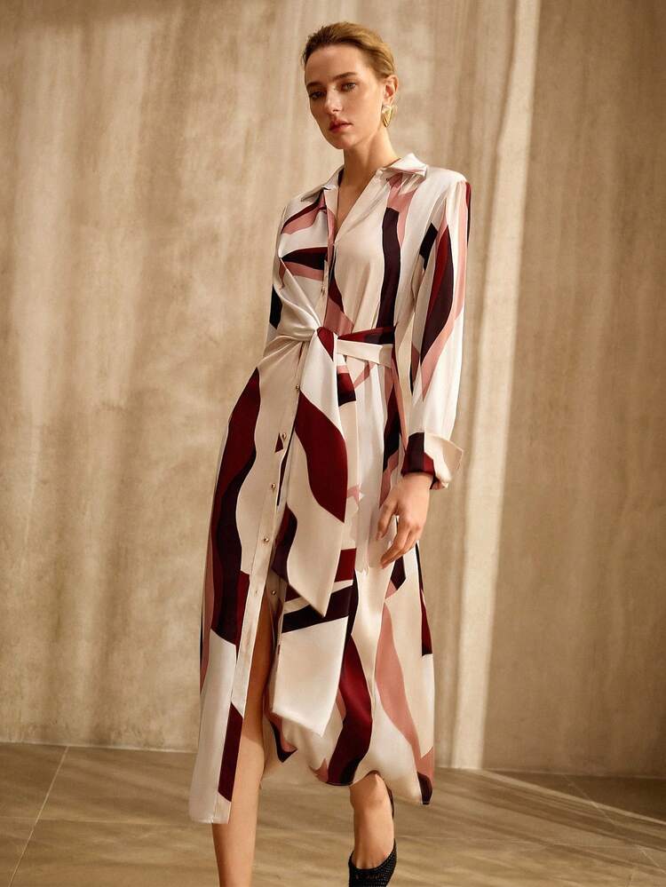 GEOMETRIC COLOR BLOCK PRINT LONG SLEEVE SHIRT DRESS, VINTAGE STYLE, SPRING/SUMMER