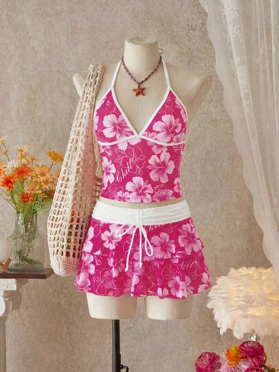 Bellisia Women's Spring/Summer Beach Music Festival Floral Print Colorblock Wrap Tie-Up Ruffle Hem Skirt Tunic 3-Piece Set