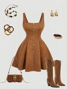 SHEIN MOD Plus Size Suede Retro Square Collar Dress, Collegiate Style, Suitable For Spring/Summer Office Commute.Plus Size Brown Suede Look Dress Sleeveless Design Gold Button Front Fit And Flare Shape Square Neckline Soft Texture Rich Caramel Color Flattering Waist Structured Bodice Flared Skirt Subtle Sheen Elegant Lines Comfortable Fit Timeless Style Artistic Silhouette Minimal Detailing Classic Charm Refined Appearance - Brown - View 1