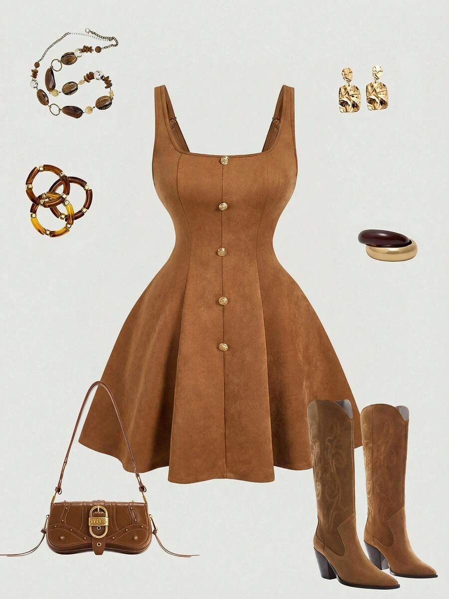 SHEIN MOD Plus Size Suede Retro Square Collar Dress, Collegiate Style, Suitable For Spring/Summer Office Commute.Plus Size Brown Suede Look Dress Sleeveless Design Gold Button Front Fit And Flare Shape Square Neckline Soft Texture Rich Caramel Color Flattering Waist Structured Bodice Flared Skirt Subtle Sheen Elegant Lines Comfortable Fit Timeless Style Artistic Silhouette Minimal Detailing Classic Charm Refined Appearance - Brown - View 1