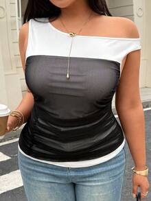 Easura Plus Size Women Summer Fashion Commuter Asymmetrical Collar Contrast Color Mesh Ruffle Fitted T-Shirt - Black and White - View 3