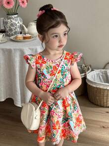 2026夏季新款时尚柔软蓬蓬裙,热带印花荷叶边圆领泡泡袖连衣裙,舒适户外活动连衣裙,适合年轻女孩,多种颜色可选 - 彩色 - 查看 4