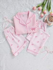 3pcs Girls Bubble Gingham Print Shirt, Butterfly Shorts & Pants Pajama Set, Casual Loungewear - Multicolor - View 4