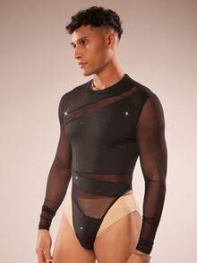 FeverCity Mono de manga larga con cuello redondo de unicolor y parches de malla para hombres - Negro - Ver 3