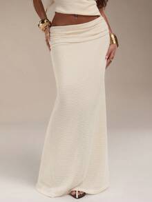 Normani 女士夏季度假纯色华夫格美人鱼裙摆半身裙 - 杏色 - 查看 1